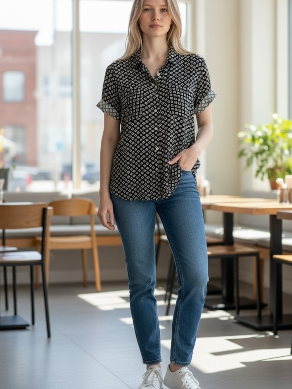 Jacks Girlfriend Black Printed Short-Sleeve Button-Up Top Sz XXL